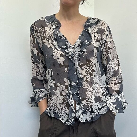 Vintage Y2K 100% Silk Ruffle Boho Floral Shirt Semi Sheer Blouse Size L - Picture 3 of 10
